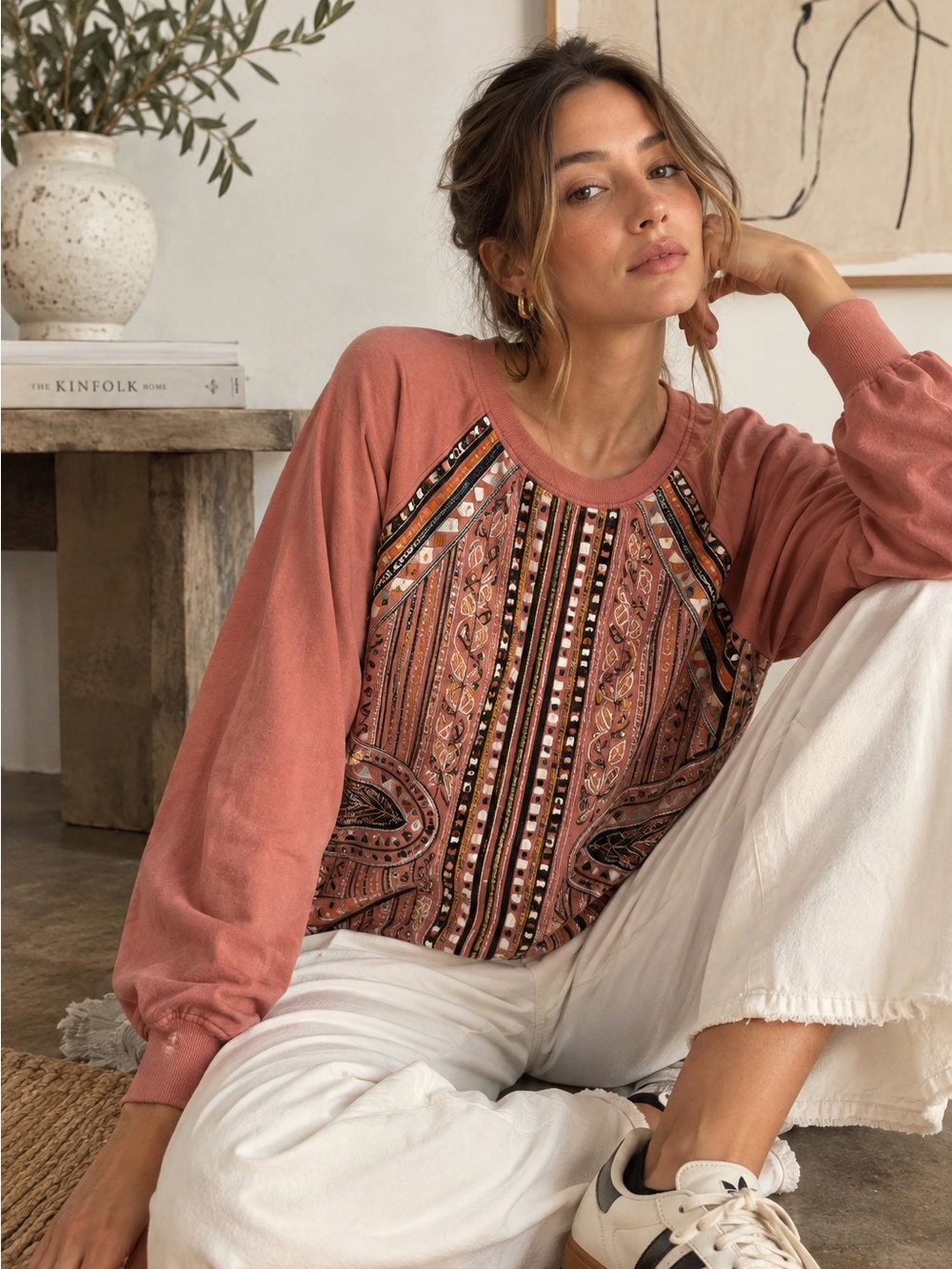 Akemi + Kin Anthropologie Embroidered Beaded Terracotta Sweatshirt S